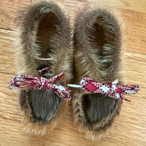 Vintage 60’s Zoo Pets Brand Seal Fur Moccasin Slippers with Red Plaid Bow